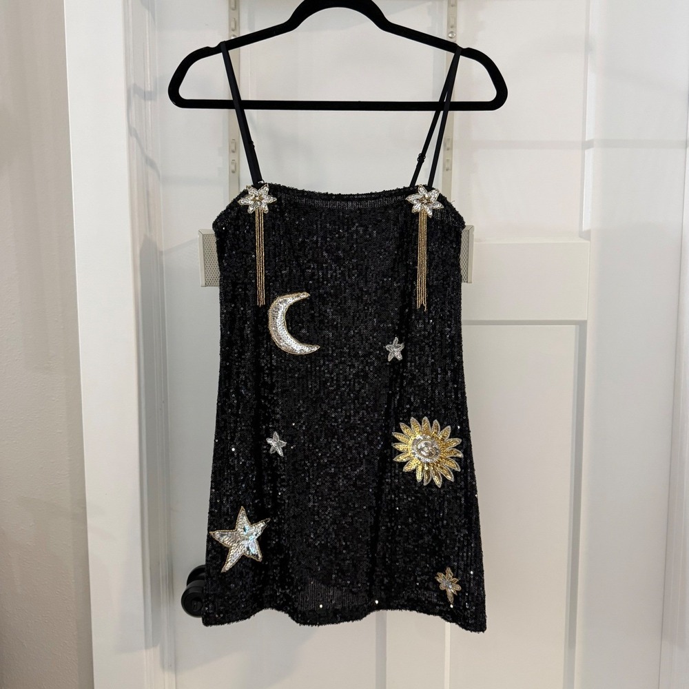 East N West Label Sequin Star Mini Dress Black Celestial Moon Sun Whimsy S Party